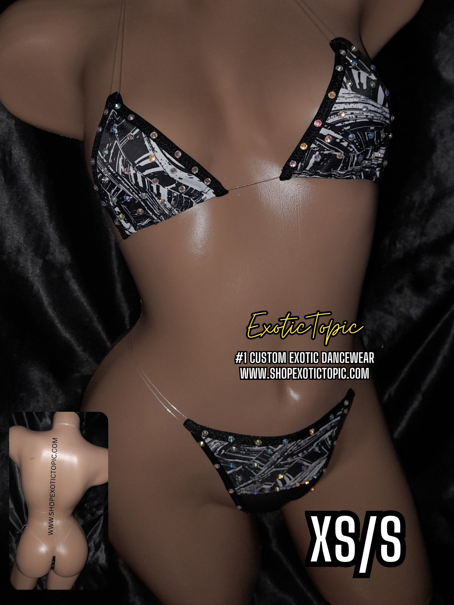 Black and white patterned Exotic Dancewear bikini set on a from shopexotictopic.com.