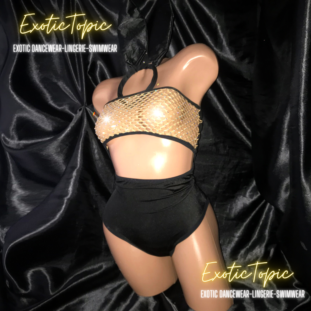 BLACK PLAYBOY  FISHNET TUBE ONE PIECE WITH CUTOUTS